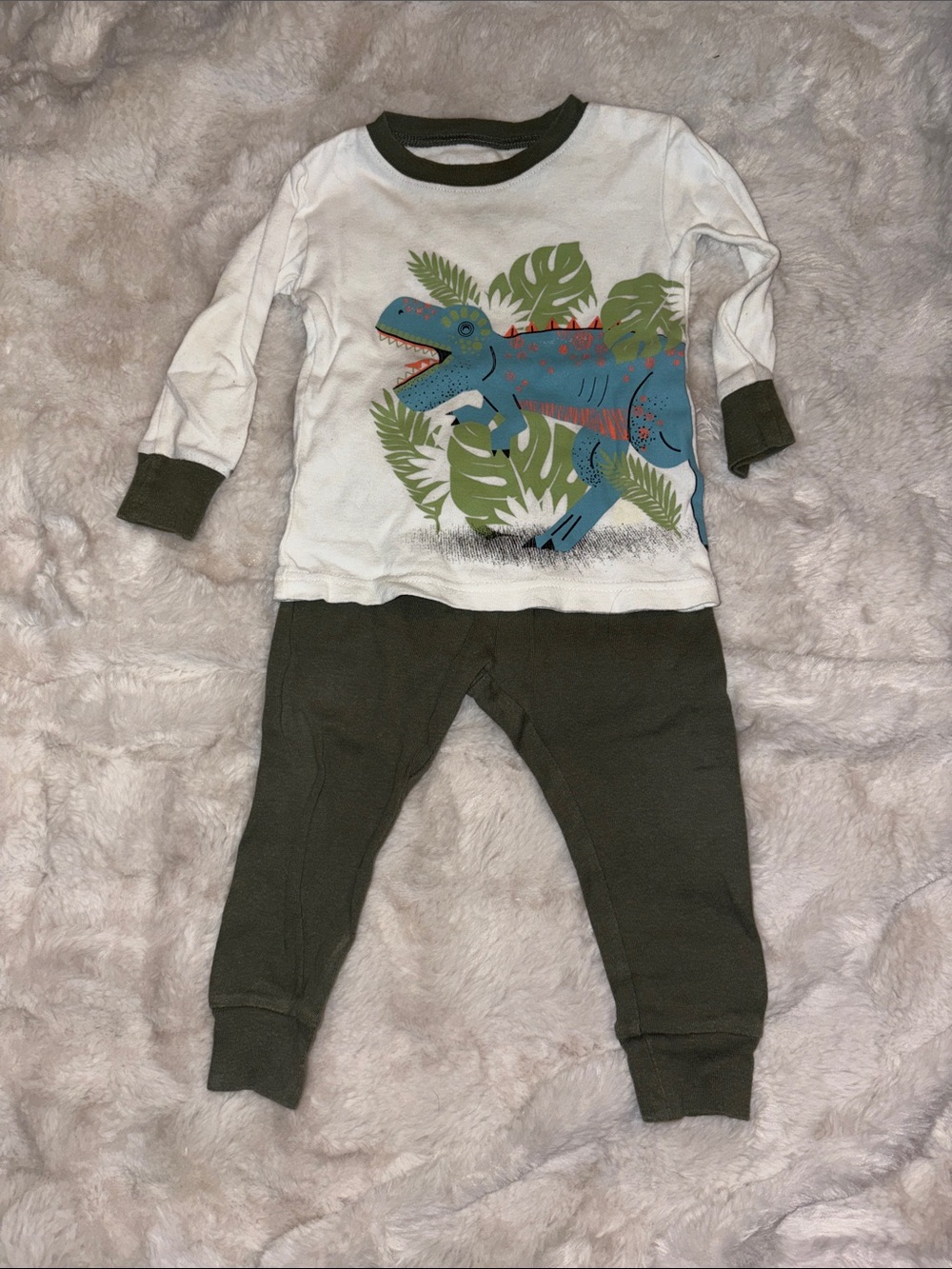 Carter's White & Olive Dinosaur Pajama Set with Blue Dino Graphic